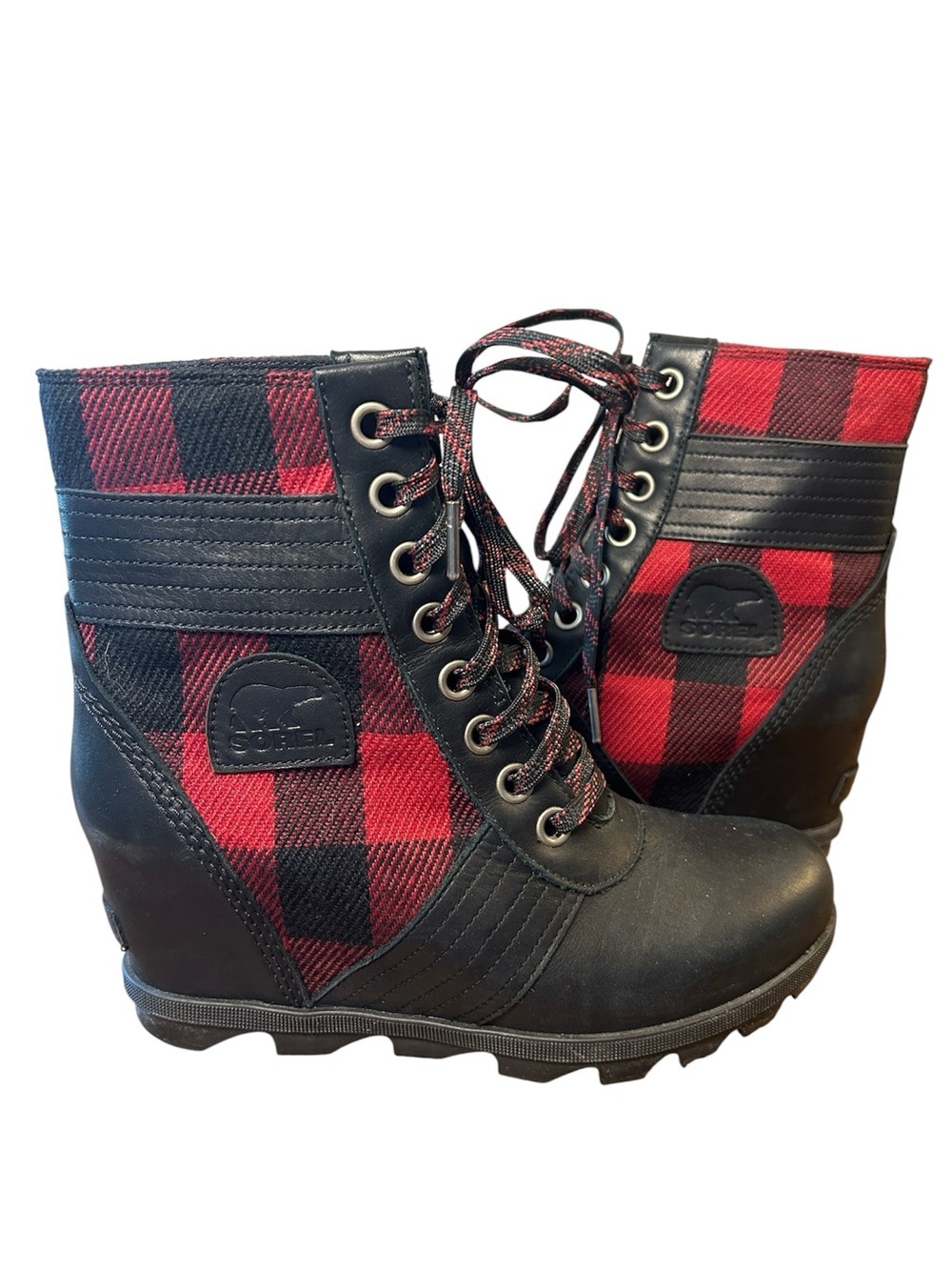 Sorel Lexie Wedge Boot Red Black Buffalo Plaid Check size 9.5 - Picture 2 of 16
